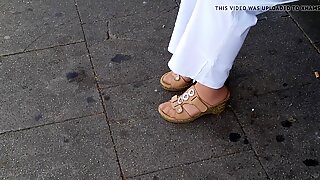 granny nylon feet in cork shoes