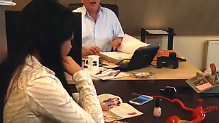 Old Nick fucks sweet girl on his bureau and jizz her cute face
