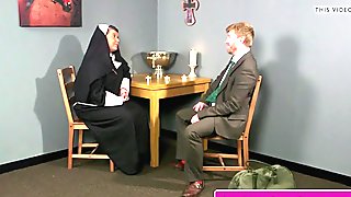 Plump brit nun cocksucking until face spunked