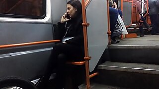 Hot MILF in black pantyhose in late tram