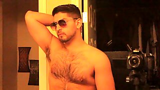 Sexy Hairy Latino Stud In Slack & Shades Masturbating to Straight Porn