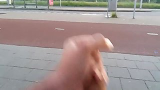 Public Jerking - Part 8 Pants down at the bus stop, RISKY!