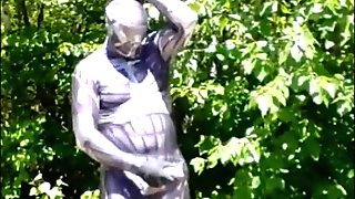 Horny biker wearing crysis morphsuit under his leathers needs to jerk off