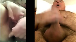 Girl with toy, man wanking